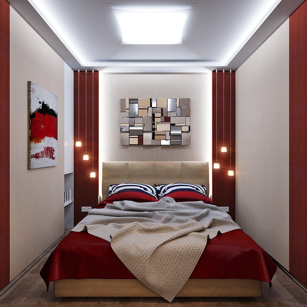 Планировка спальни: красивый дизайн прямоугольной комнаты с мебелью, фото