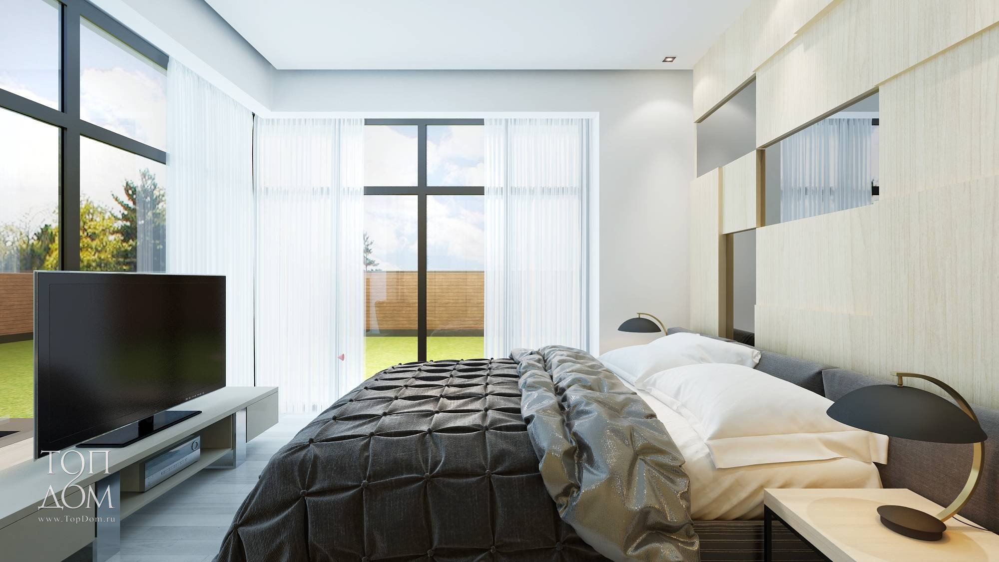 В спальне перед телевизором. Спальня с двумя панорамными окнами. Кровать напротив окна в спальне. Спальня в светлых тонах с панорамными окнами. Кровати в спальне с панорамными окнами.