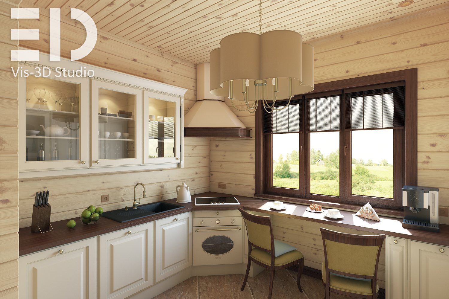 Кухня в деревянном доме с окном - 75 фото