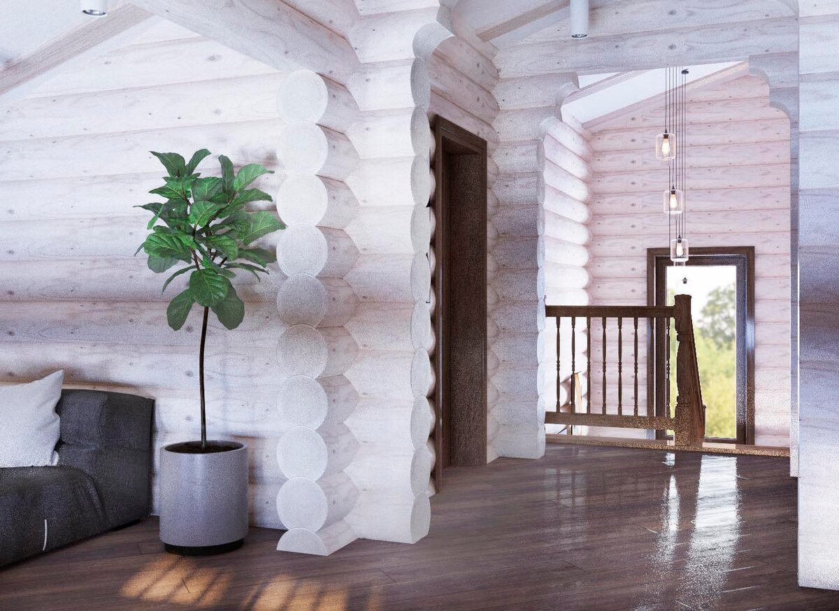 белый интерьер в деревянном доме из бревна