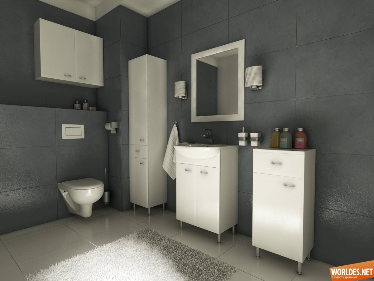 Серая мебель в интерьере в санузле