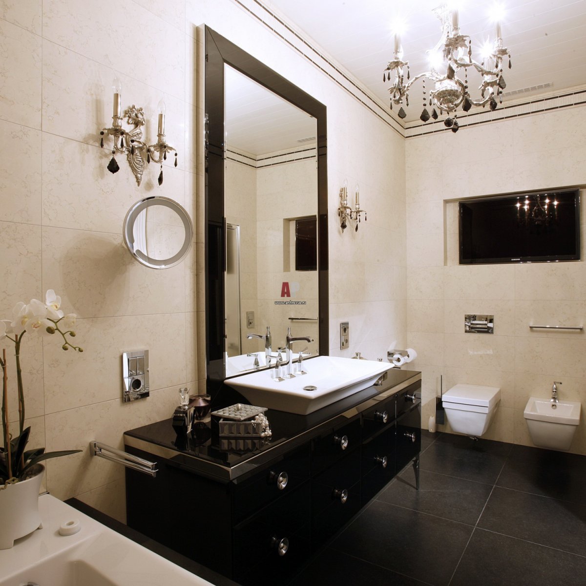 Ниша под телевизор с подсветкой с полками