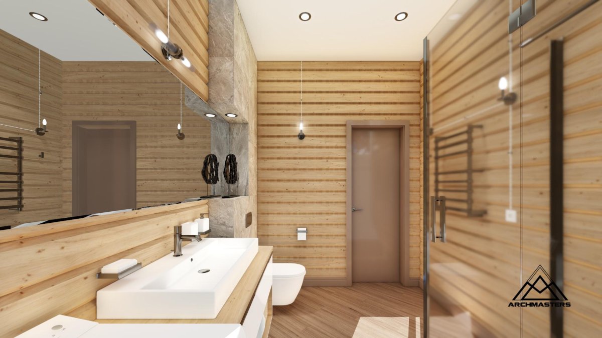 Интерьер душевой в доме из клееного бруса