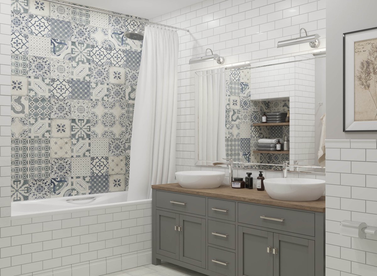 Белая плитка в ванной комнате пэчворк