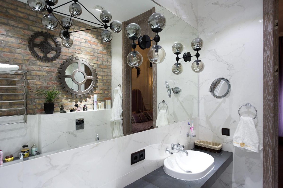 Ванная комната в стиле лофт с двумя раковинами