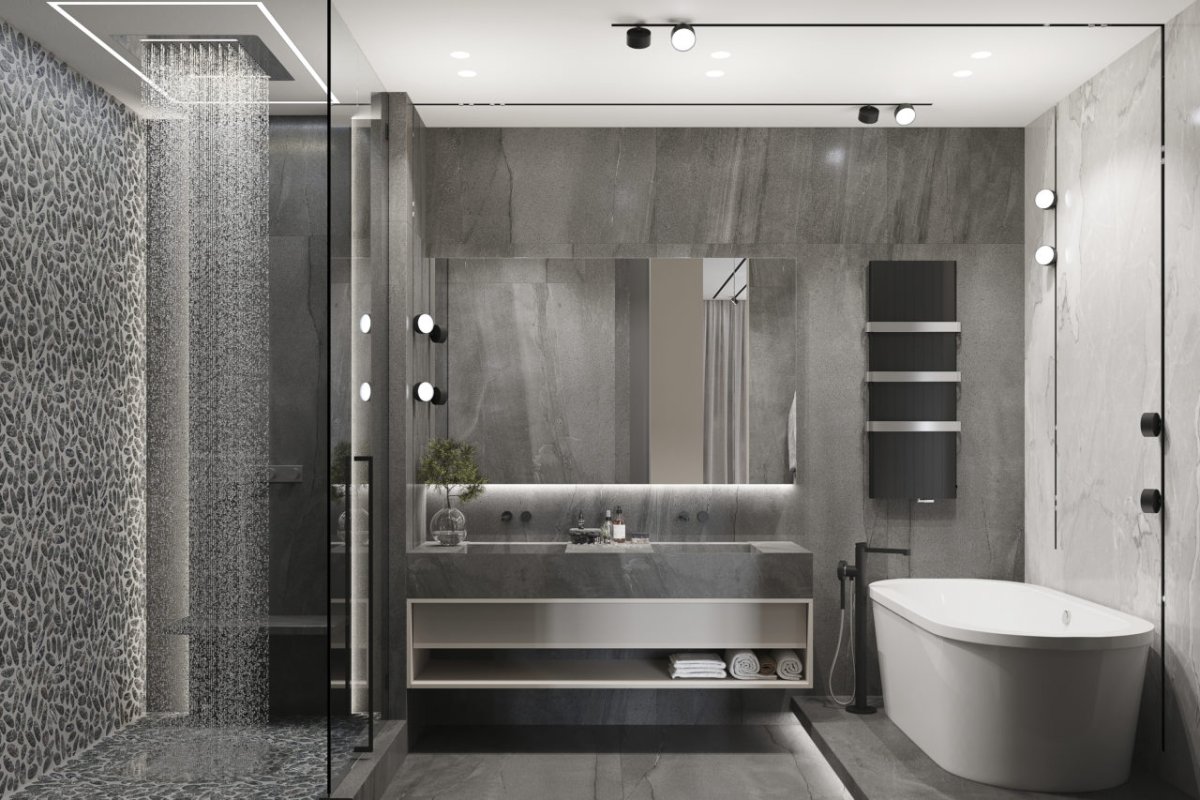 Красивые интерьеры ванной со вставками профиля