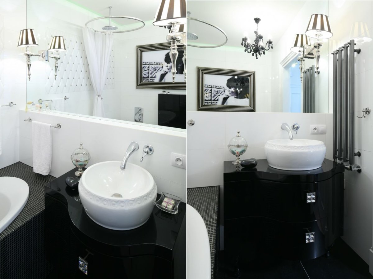 Ванна черно белая в хрущевке в стиле Хай тек