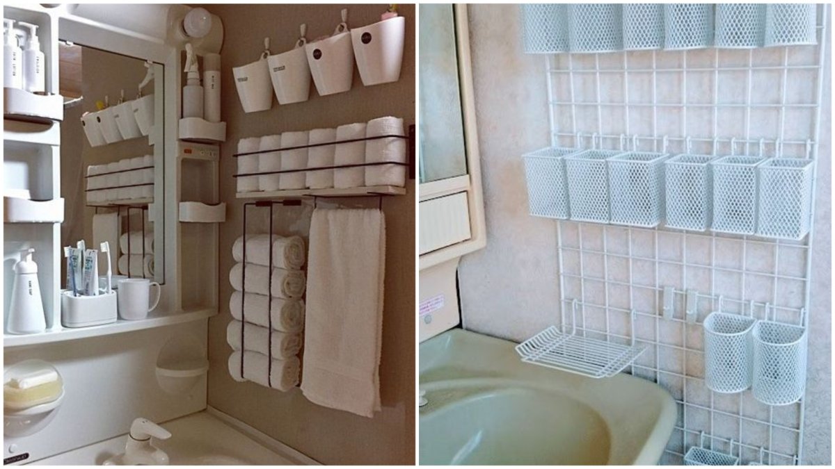 Встроенные деревянные полки в ванной