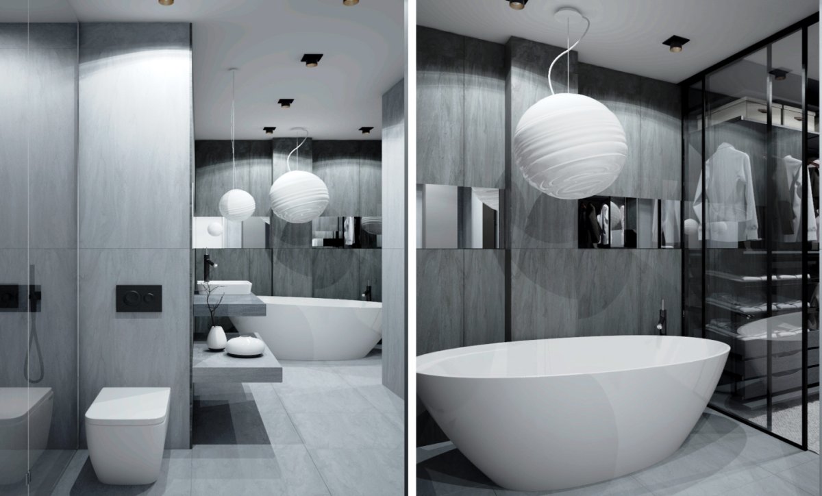 Интерьер ванной комнаты в бело серых тонах
