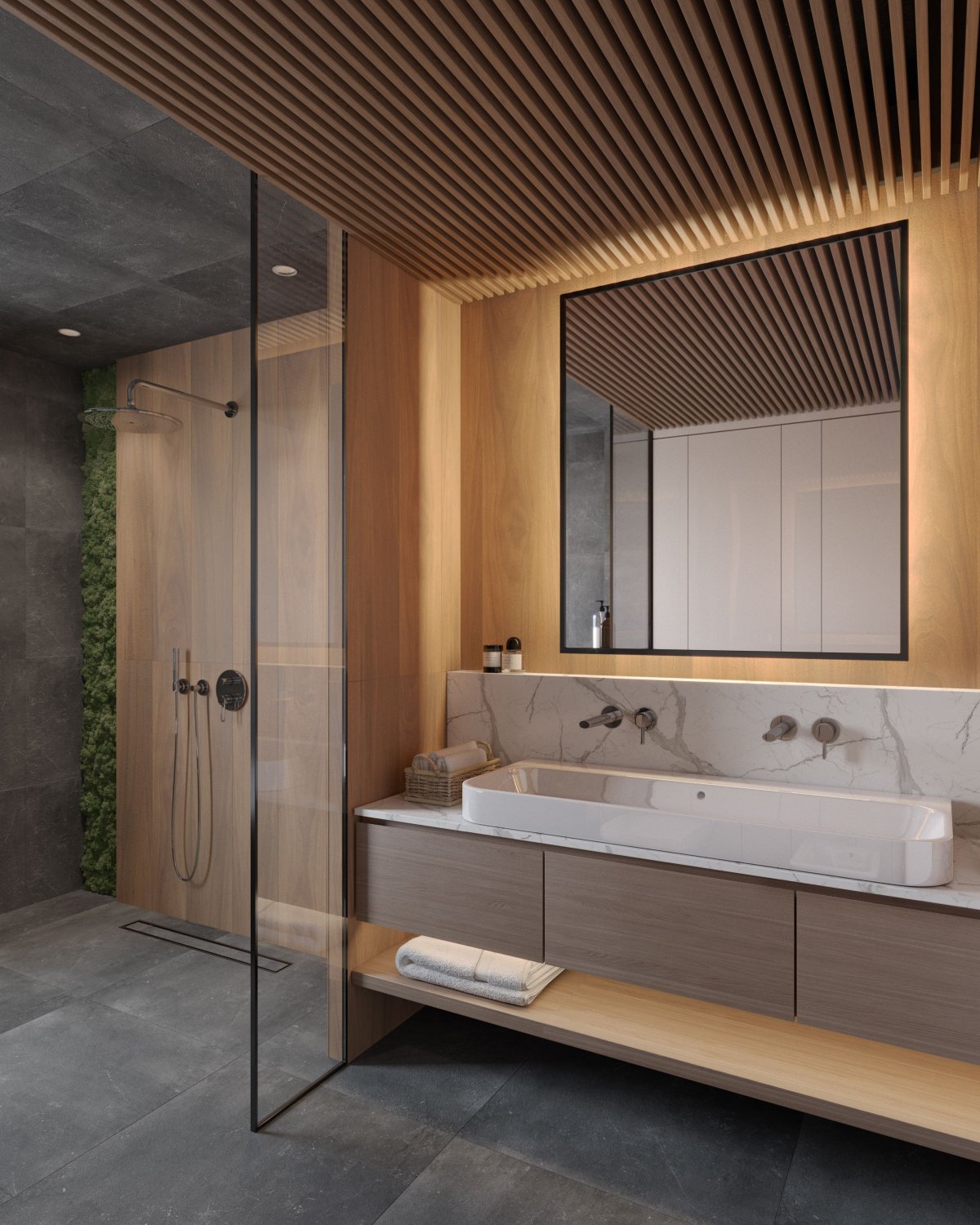 Ванная с деревянными рейками