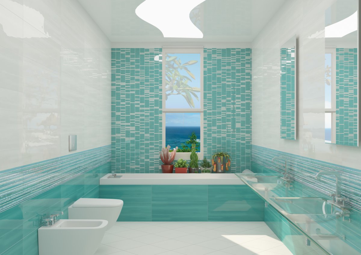 Бирюзовая ванная с деревом