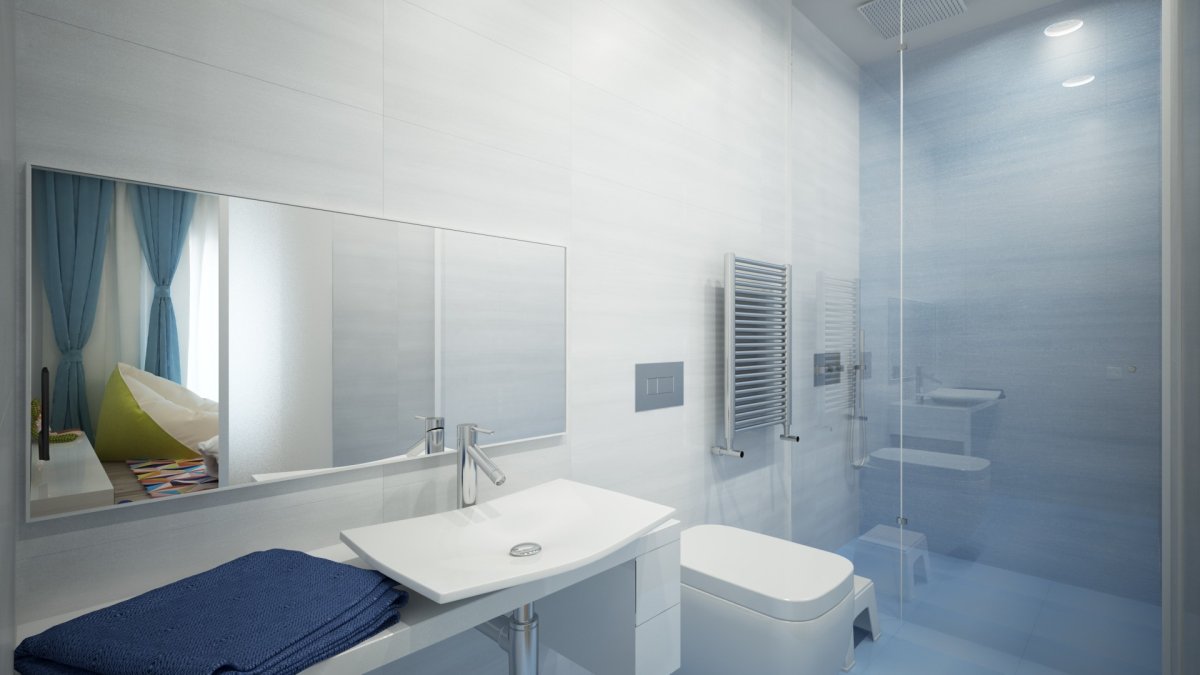 Серо голубая ванная комната