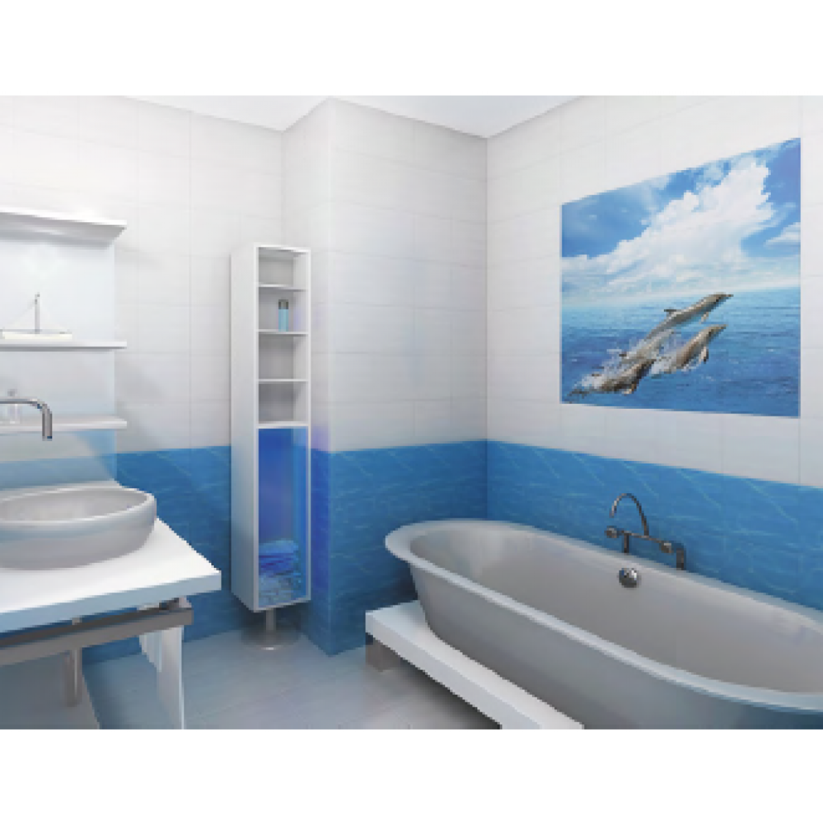 Стеновая панель голубая Лагуна Кронапласт дельфины
