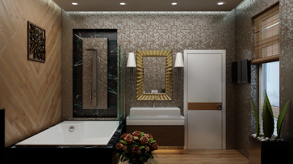 Дизайн ванной комнаты с душем в золотисто коричневых тонах