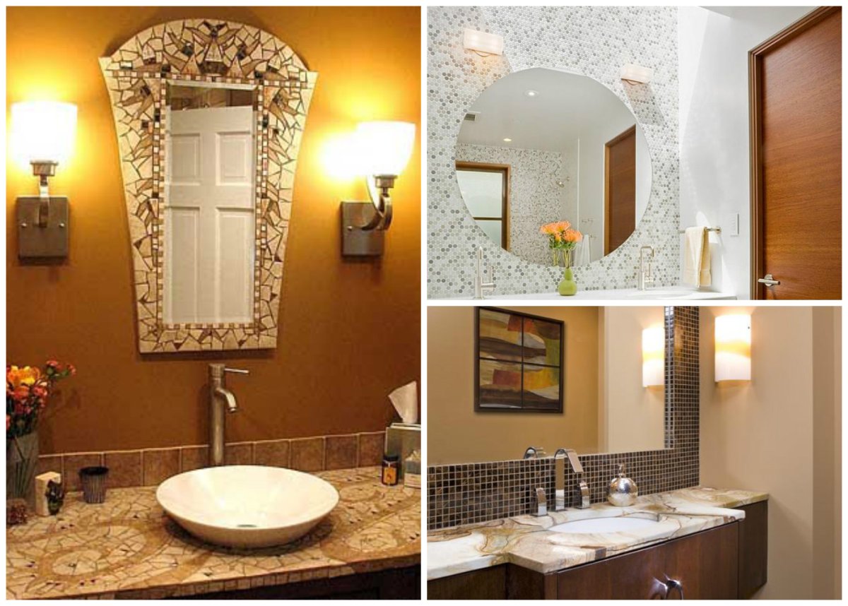 Мозаика вокруг зеркала в ванной