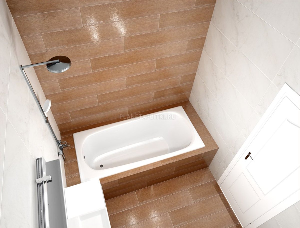 Плитка под дерево в маленькой ванной