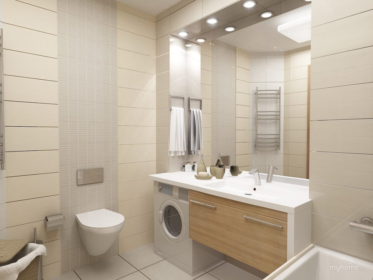 Дизайн небольшой ванной в бежевом цвете