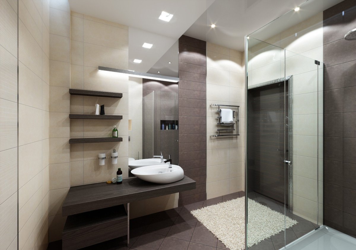 Бежевая ванная с душевой кабиной