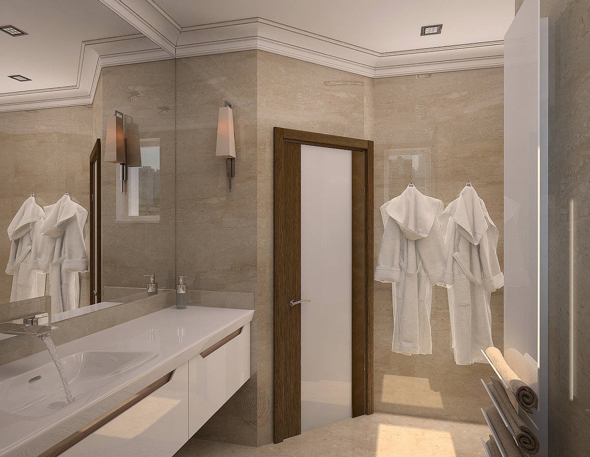 Санузел в мраморе теплых тонов