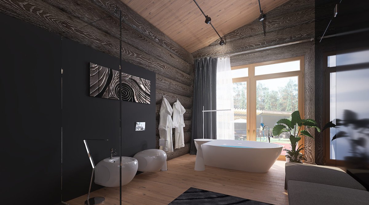 Ванная в бревенчатом доме в минималистическом стиле