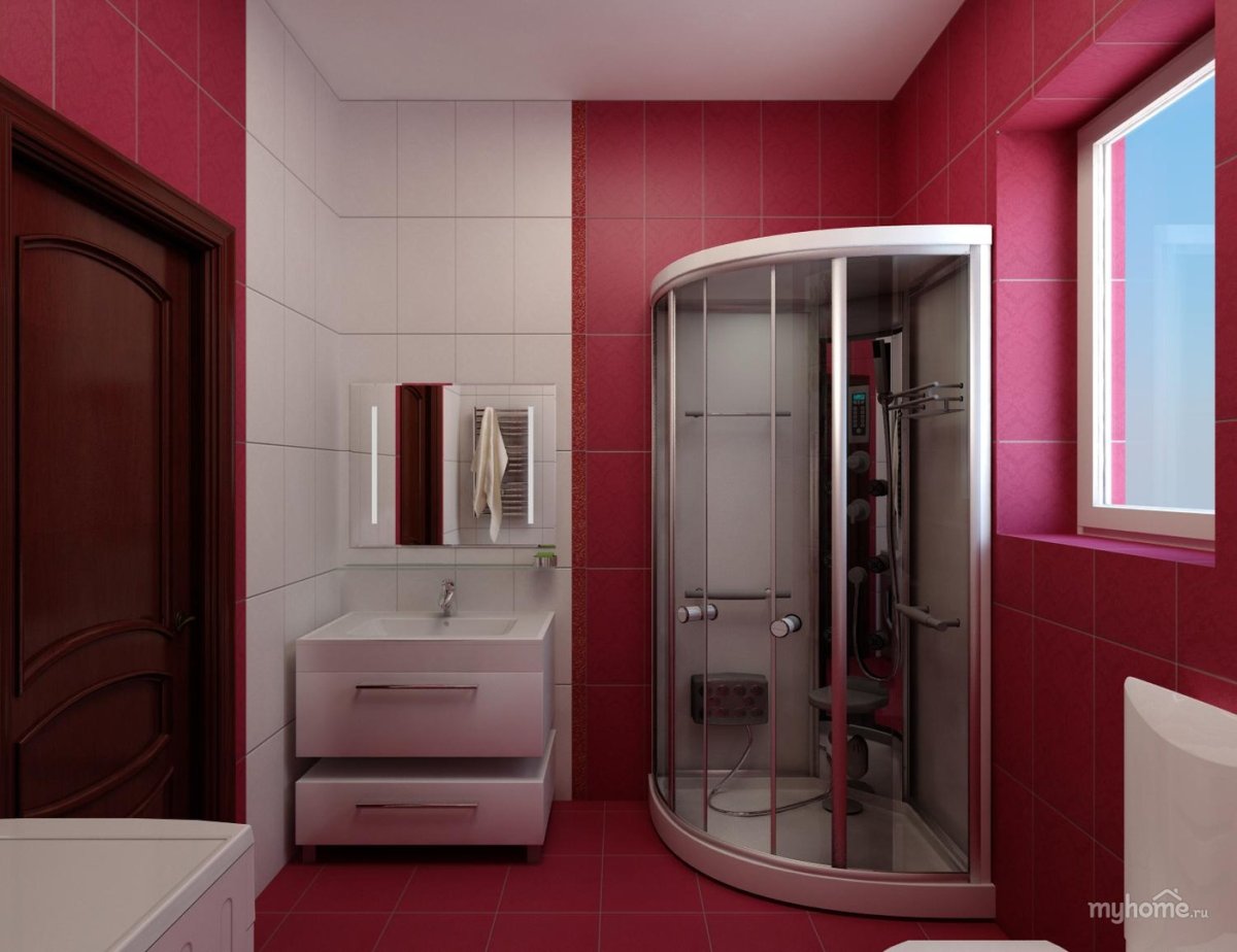 Ванная с душевой в красных тонах