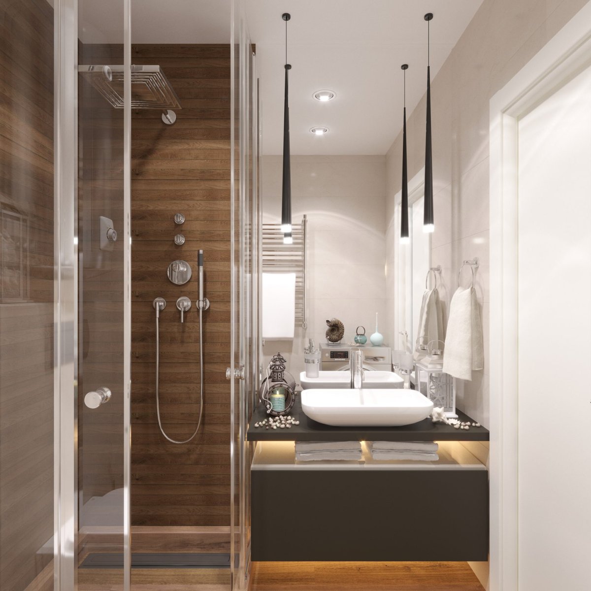 Ванная серая с деревом