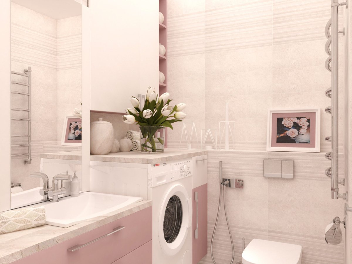 Интерьер ванной комнаты в пудровых оттенках