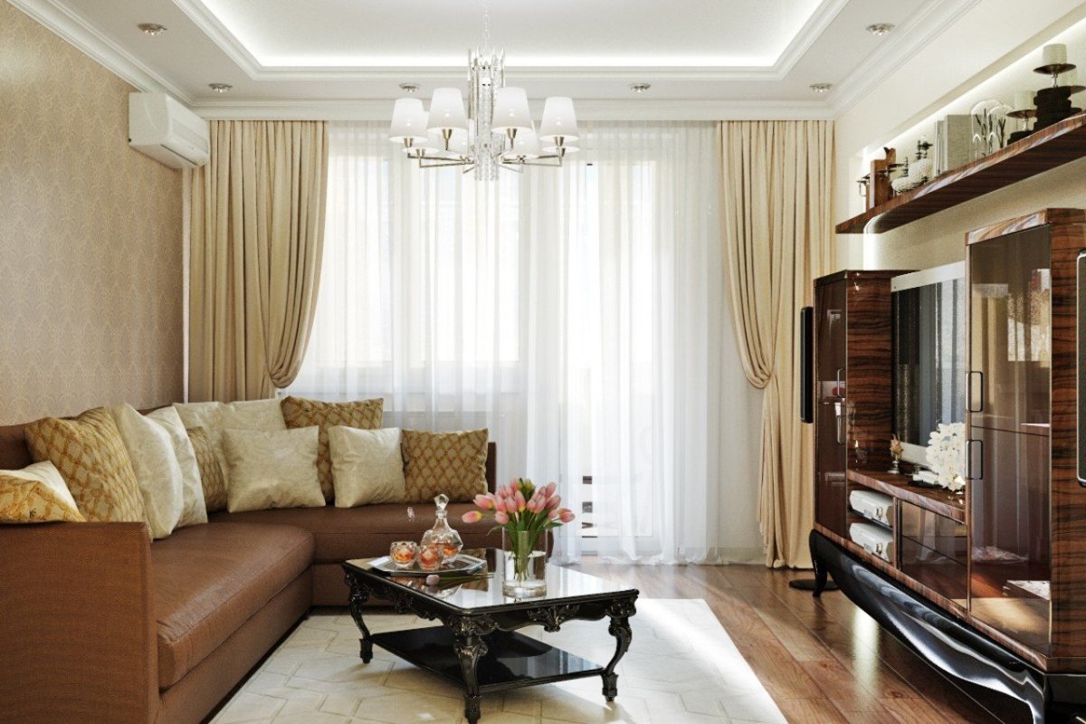 Интерьер зала в частном доме с одним окном