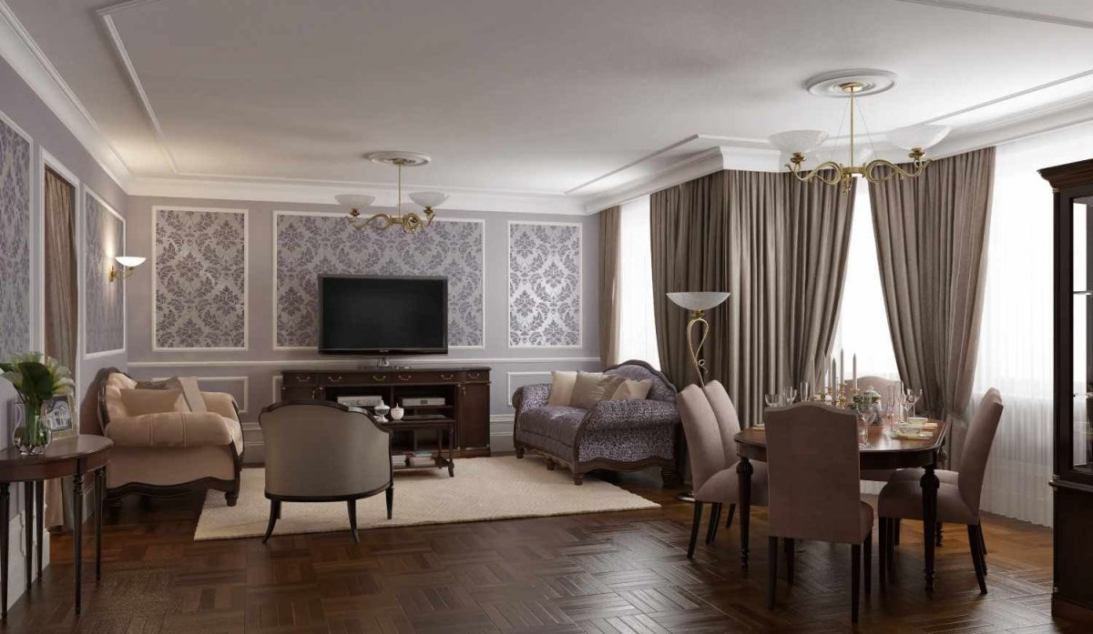 Интерьер гостиной в частном доме комбинированные обои