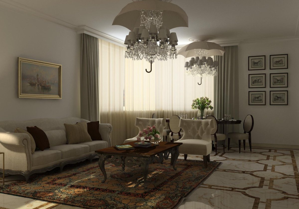 Две люстры в гостиной в классическом стиле