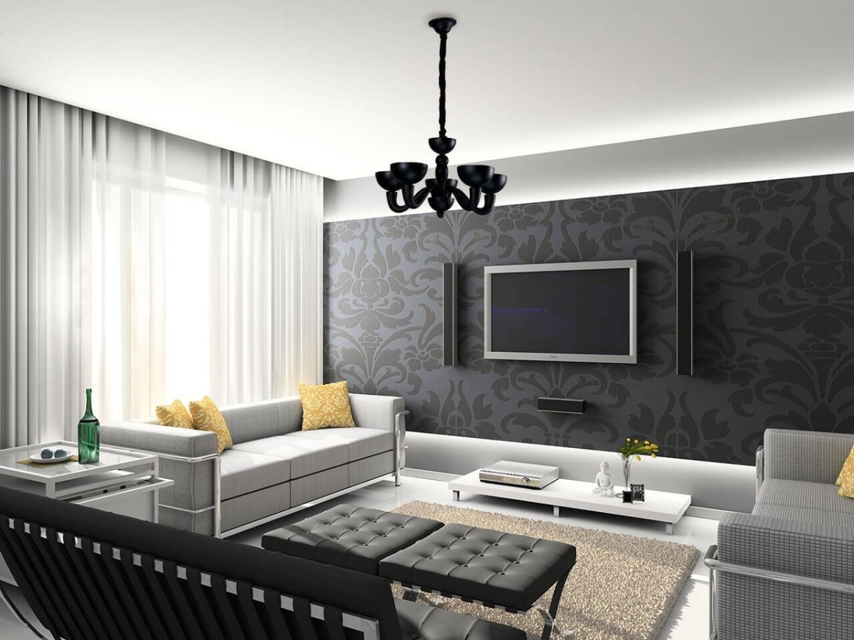 Интерьер гостиной в частном доме серые обои