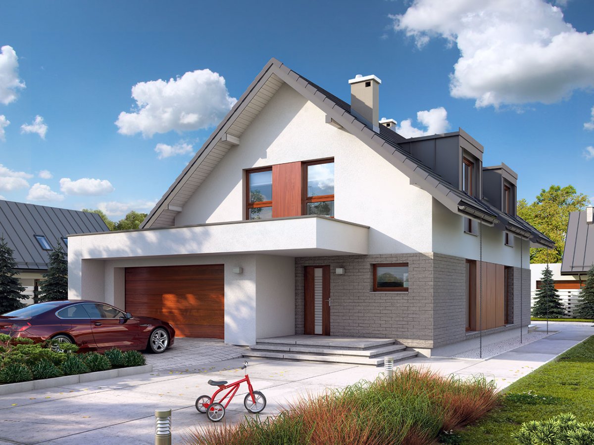 Современный мансардный дом с гаражом