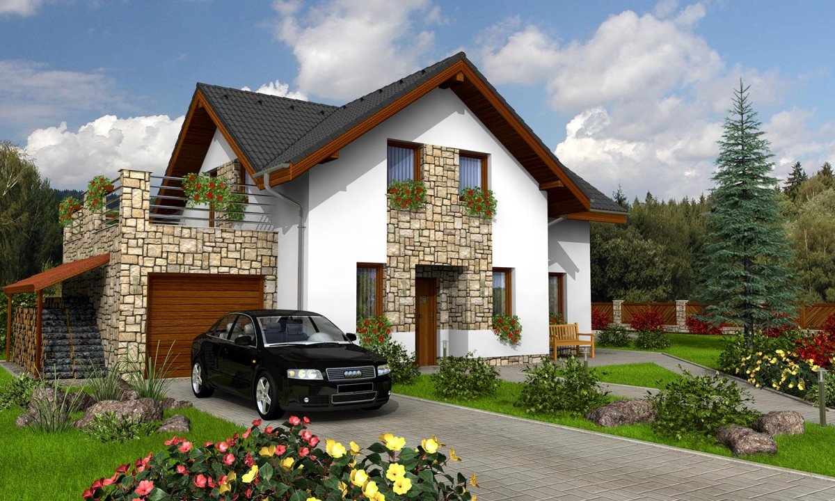 Красивый дом с гаражом и навесом