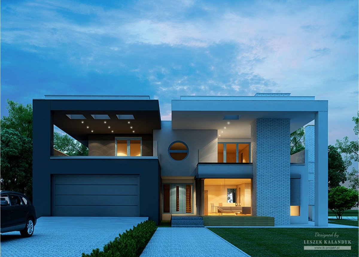 Двухэтажный дом с плоской крышей и гаражом