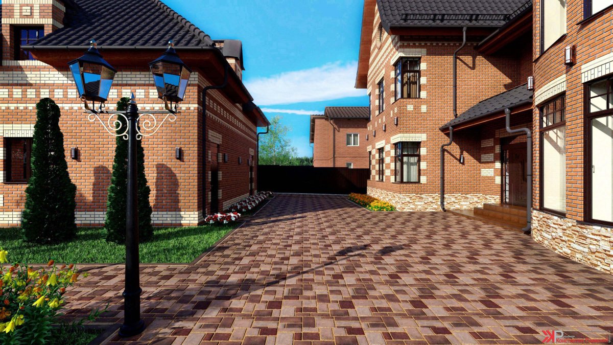 Дом с брусчаткой во дворе