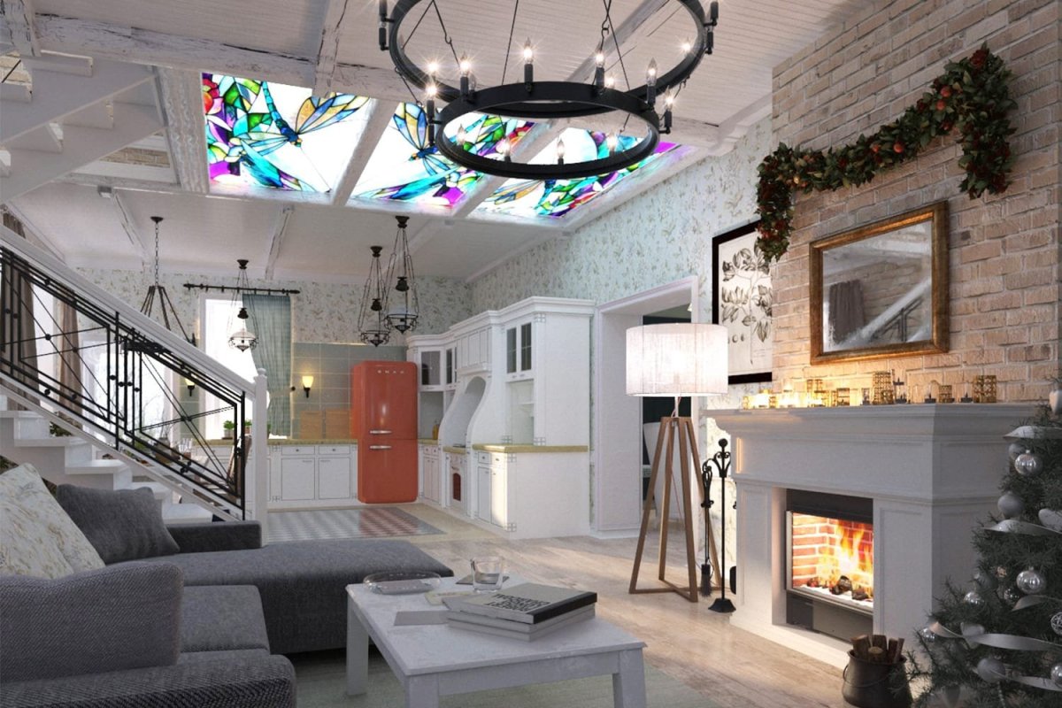 Гостиная с камином в стиле лофт