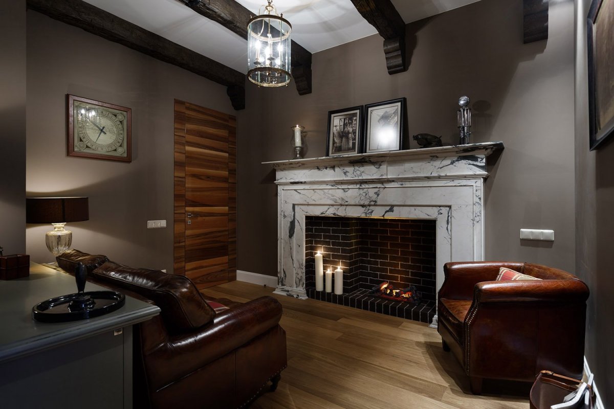 Гостиная лофт с камином
