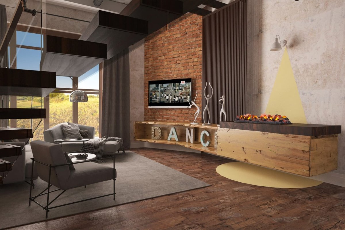 Гостиная с камином в стиле лофт