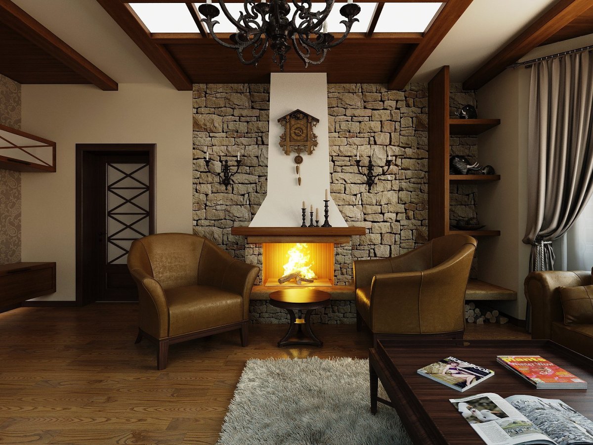 Камин в интерьере загородного дома