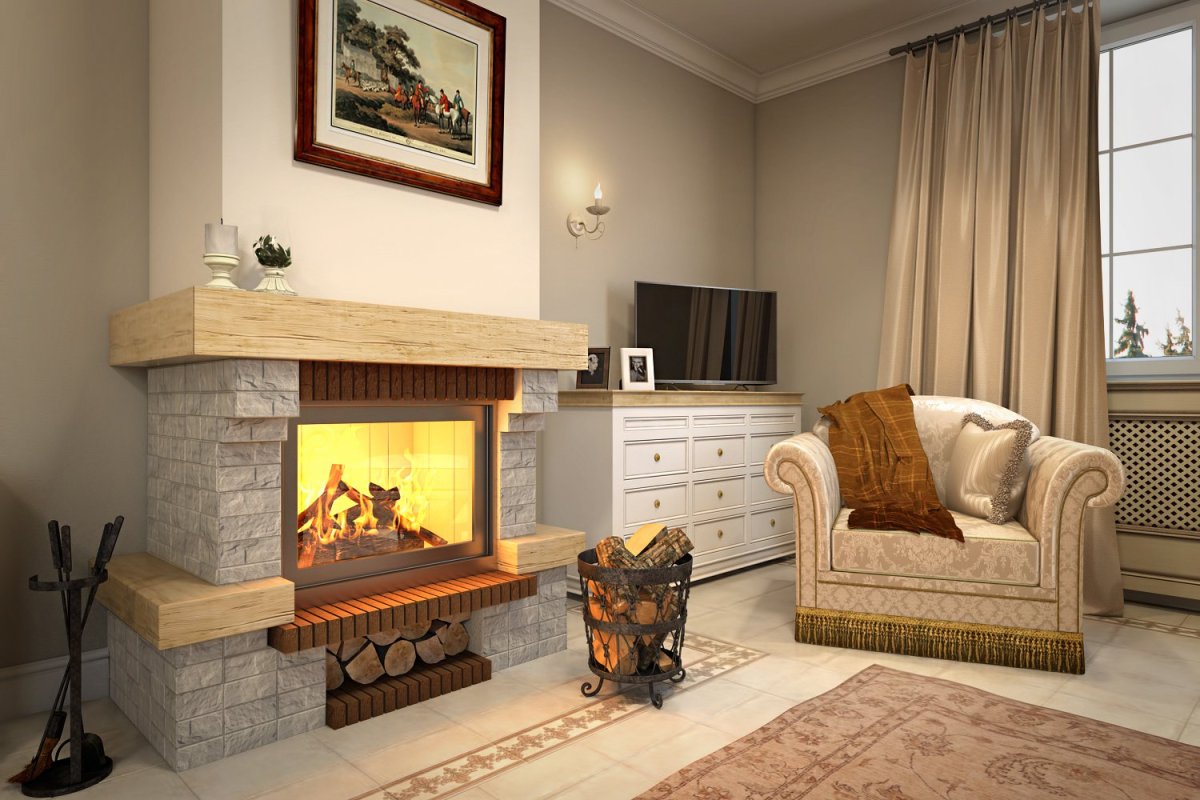 Гостиная на даче с камином