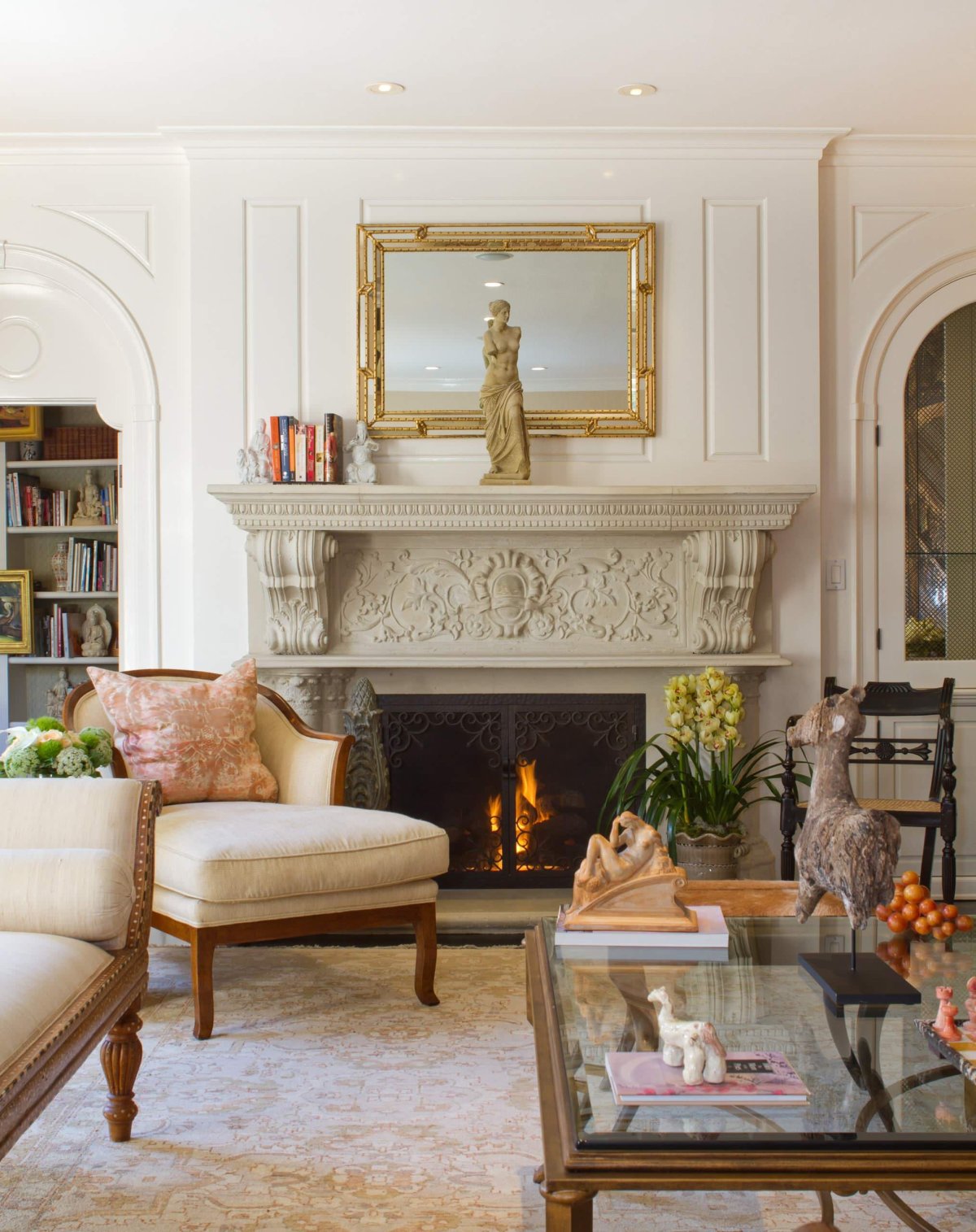 Luxury Living Room man near Fireplace