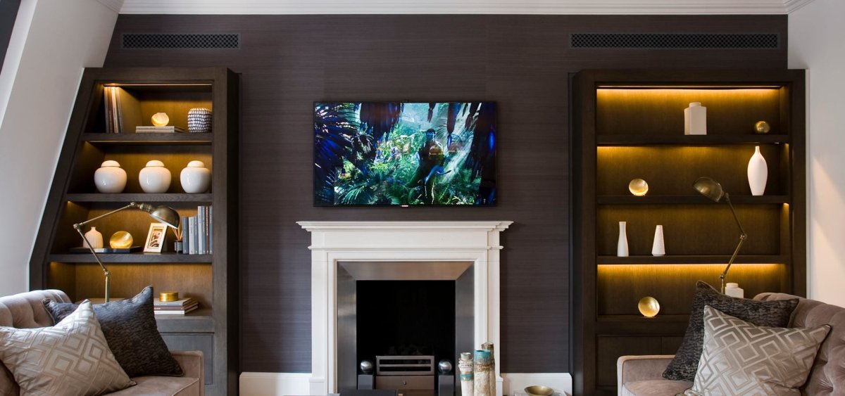 Гостиная с темным камином и телевизором в квартире