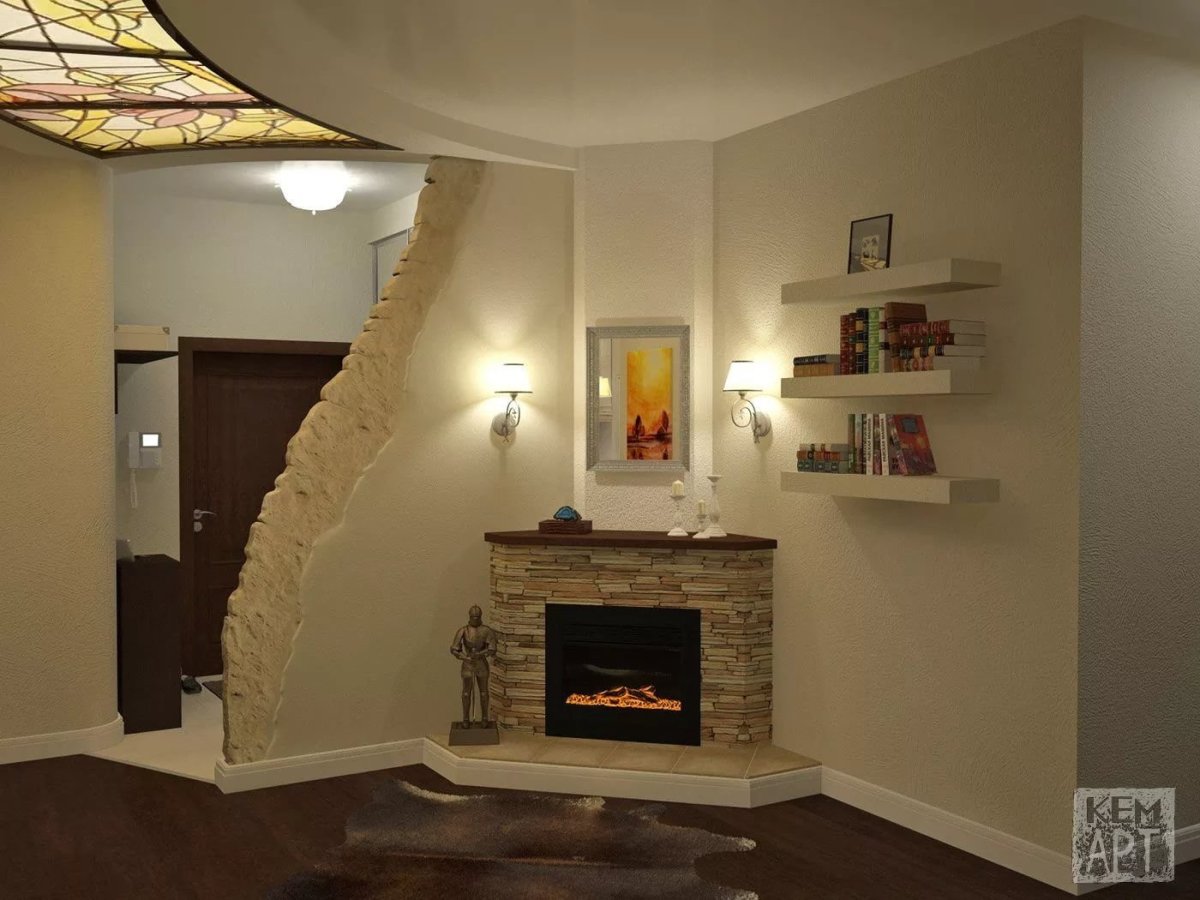 Дровяной классический камин в гостиной