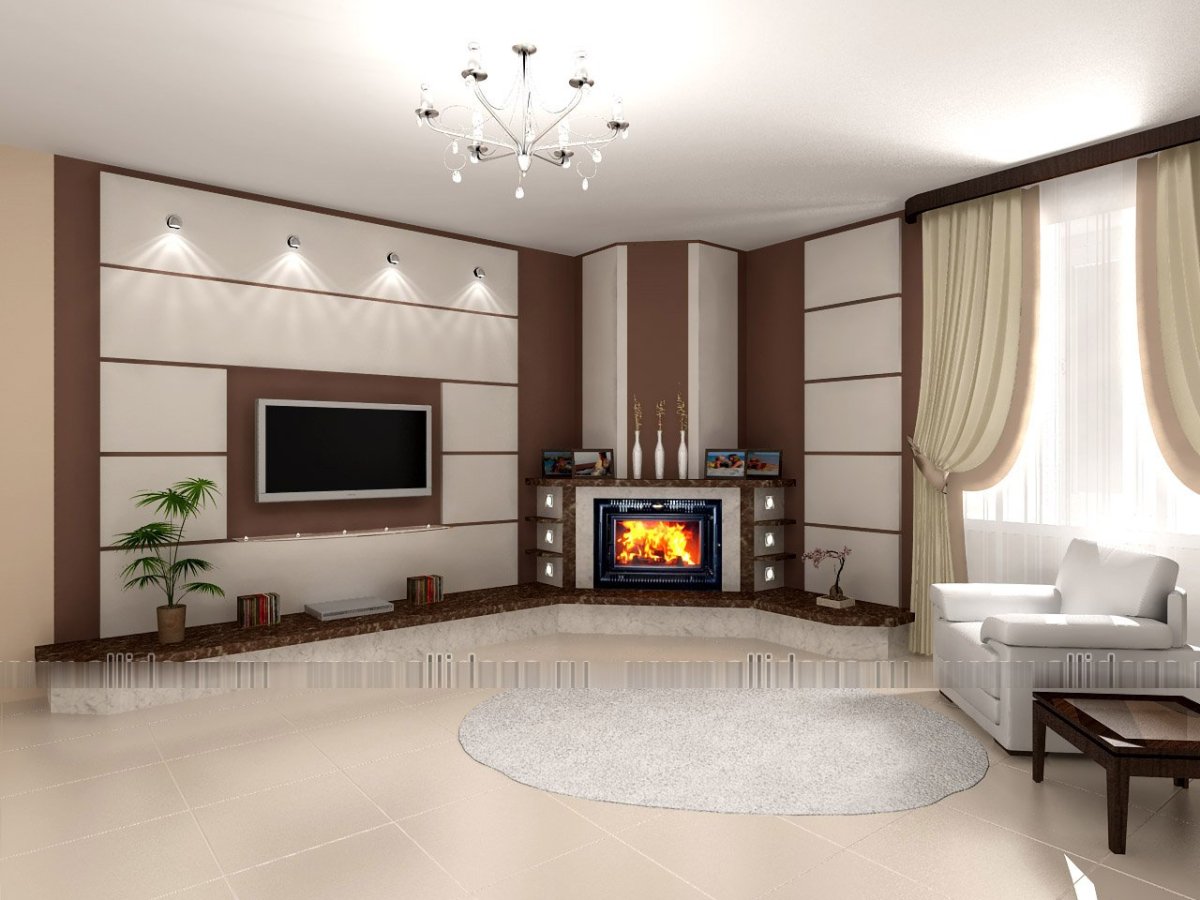 Стенка с угловым камином в гостиную