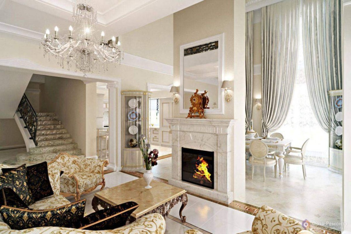 Гостиная с камином в современном классическом стиле