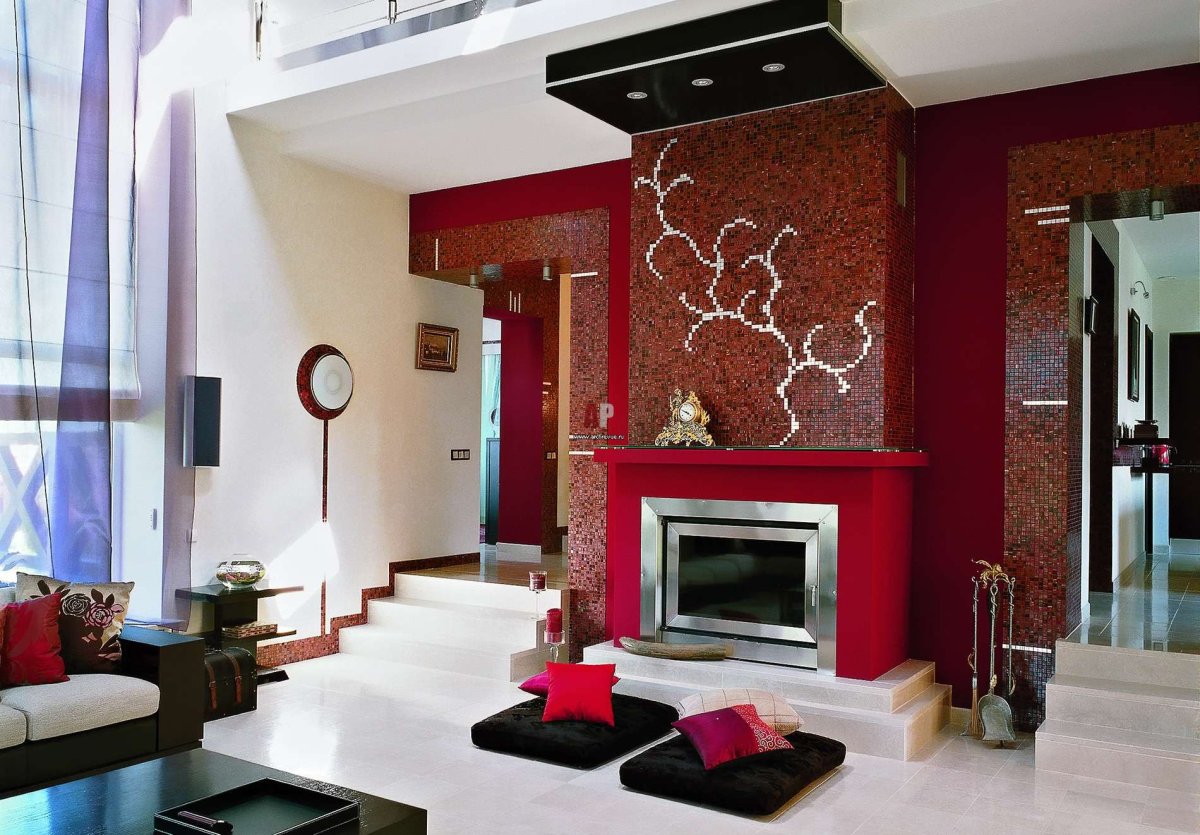 Красный камин в интерьере