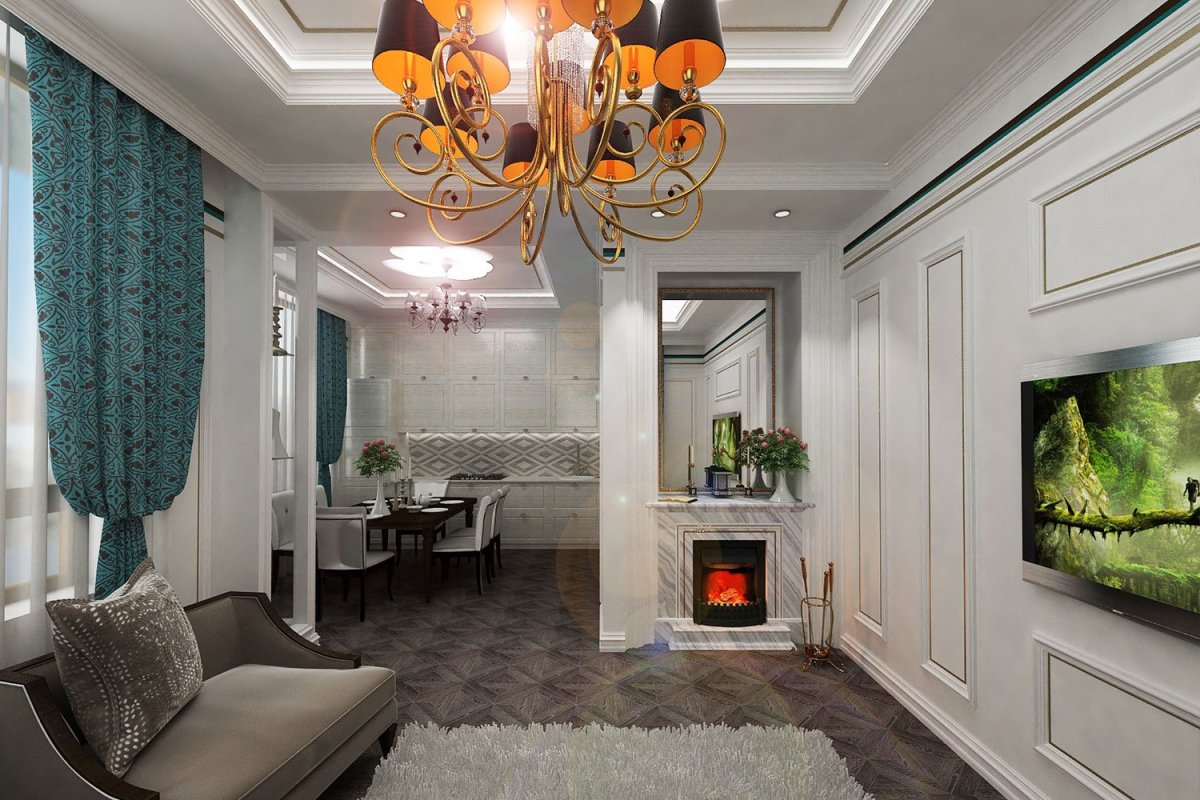 Гостиная с камином в современном классическом стиле