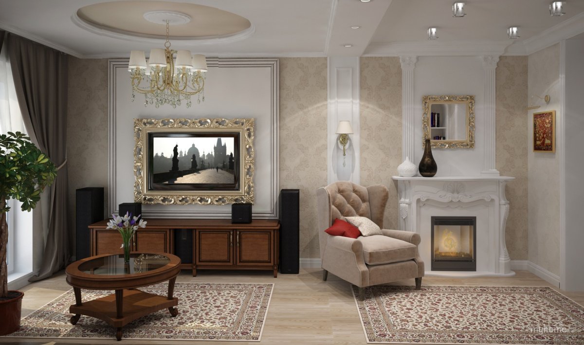 Камин в современной классике интерьере гостиной