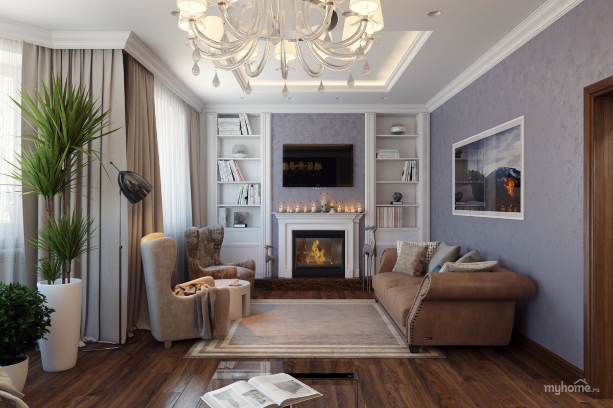 Гостиная с камином 18 кв м Неоклассика