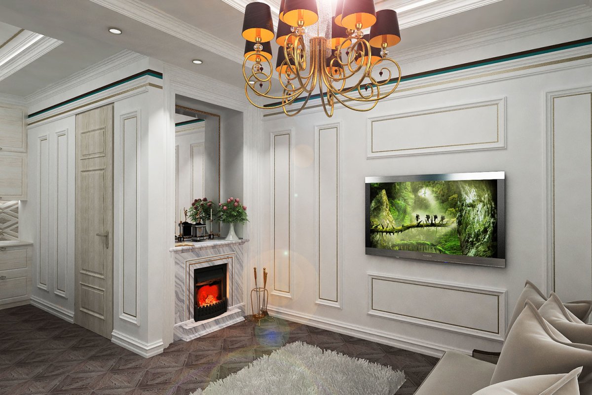 Гостиная современная классика с камином